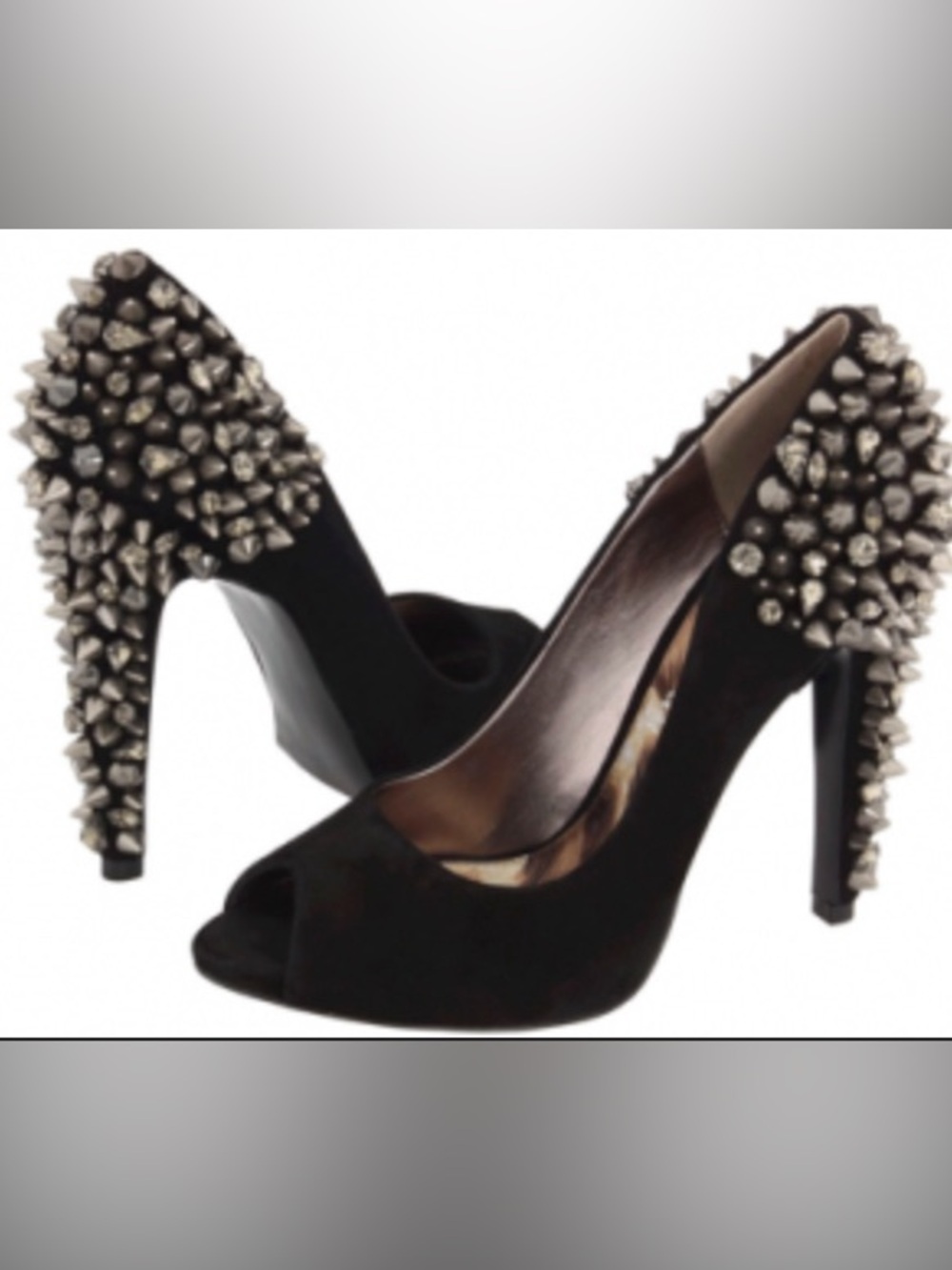 Sam Edelman Lorissa Black Peep-Toe Pumps Heels with Silver Spike and Gem Detail